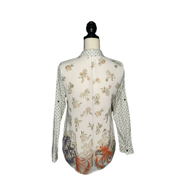 EN Creme Multi Print Blouse Womens Small S Button Up Roll Tab High Low Colorful - Picture 5 of 12